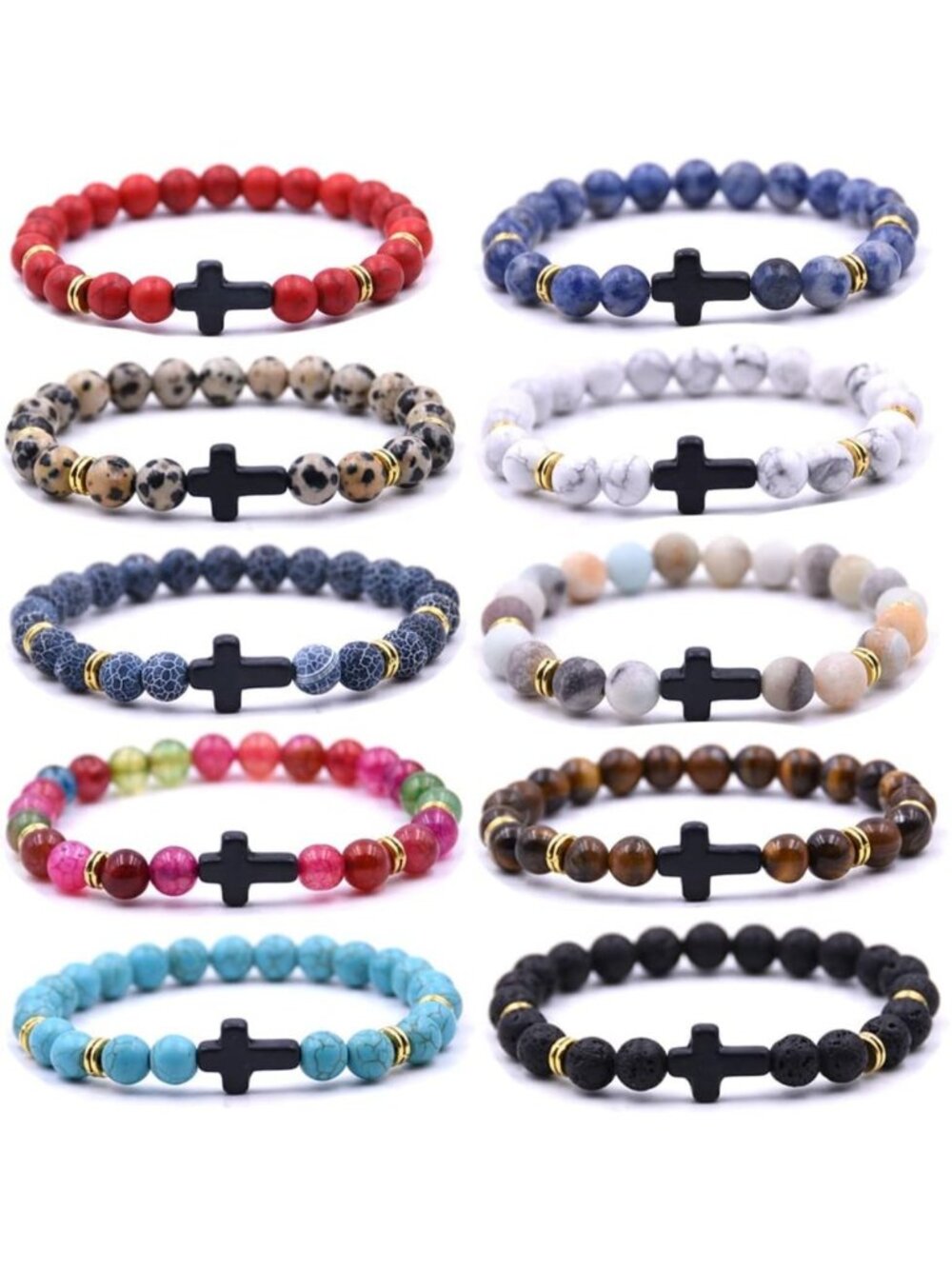 Natural Beaded Cross Bracelet for Men & Women - Lava Rock, Turquoise, Tiger Eye